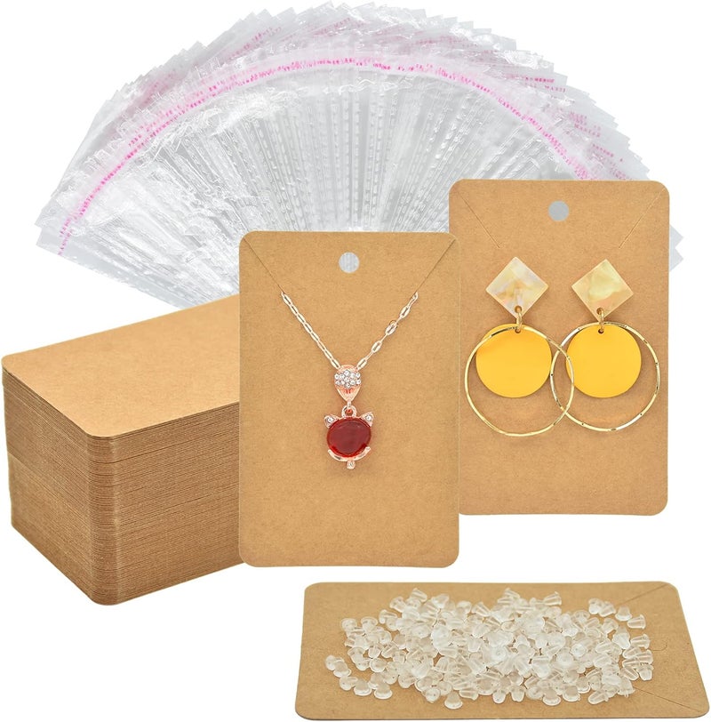 Twavang Brown Earring Display Cards with 100Pcs Earring Holder Cards, 200 Pcs Ear Backs and 100Pcs Jewelry Packaging Bags for Necklace Jewelry Display (3.5" x 2.3" Inches) - Image 1